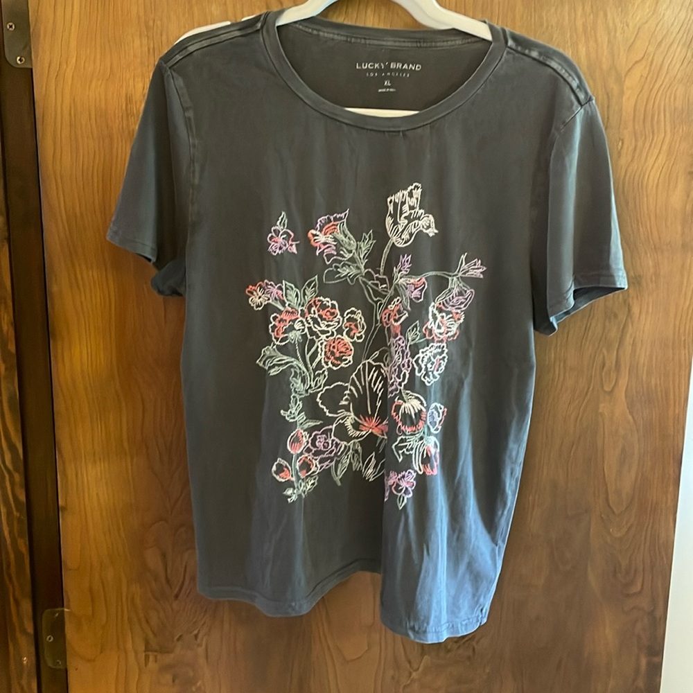 Grey Lucky Brand tshirt with flower embroidery.